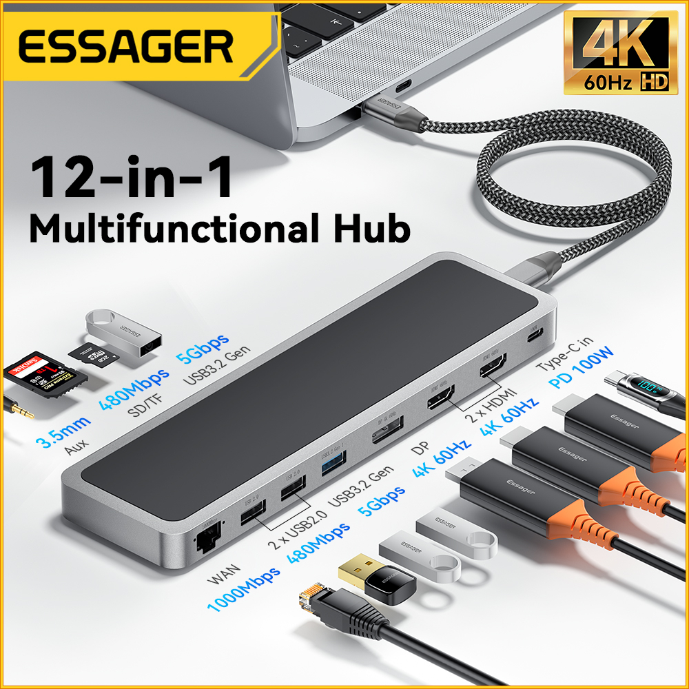 essager-12-in-1-อะแดปเตอร์ฮับแยกหน้าจอ-hdmi-4k-60hz-5gbps-type-c-usb-pd-100w-wan-สําหรับแล็ปท็อป