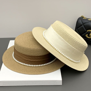หมวกฟางกันแดด ประดับไข่มุก ขนาดเล็ก สไตล์ญี่ปุ่น เหมาะกับเดินชายหาด แฟชั่นฤดูร้อน สําหรับผู้หญิง