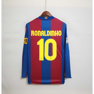 เสื้อกีฬาแขนยาว ลายทีมชาติฟุตบอล Barcelona RONALDINHO MESSI 07-08 ชุดเหย้า สไตล์เรโทร คุณภาพสูง