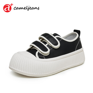 Cameljeans รองเท้าผ้าใบลําลอง ส้นแบน สีขาว ขนาดเล็ก สไตล์สปอร์ต สําหรับสตรี