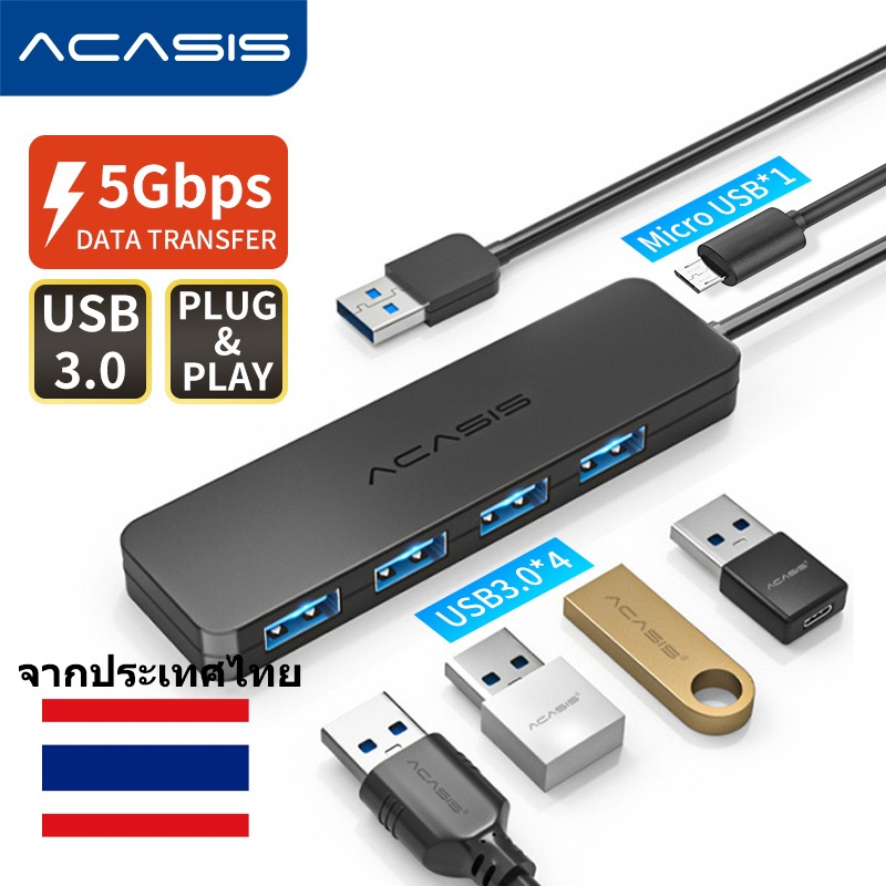 ภาพหน้าปกสินค้าAcasis ฮับ USB 4 พอร์ต USB 3.0 USB 2.0 สวิตช์แยก พร้อมพอร์ตชาร์จ Micro USB ถ่ายโอนความเร็วได้ถึง 5Gbps