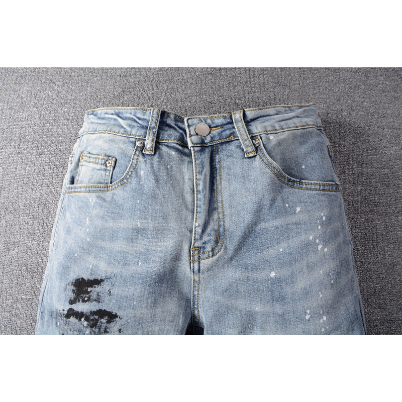 amiri-กางเกงยีนส์แฟชั่นสำหรับผู้ชาย-vintage-blue-elastic-slim-jeans-เจาะรูลูกปัดแพทช์ออกแบบผู้ชายกางเกงยีนส์ฮิปฮอป