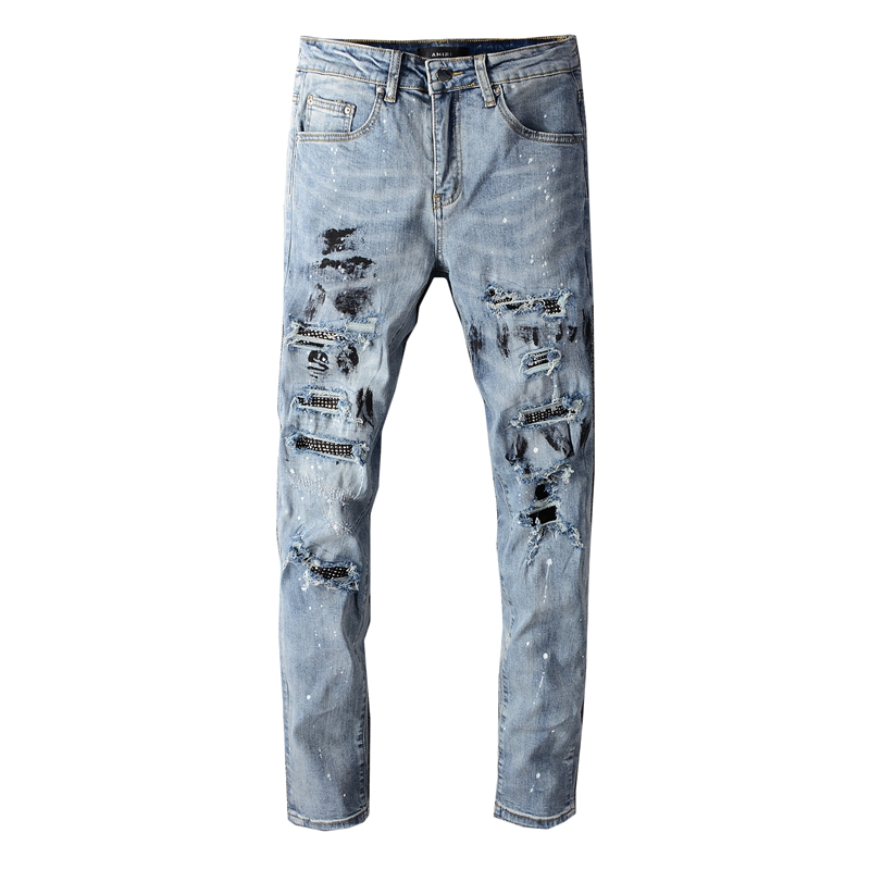 amiri-กางเกงยีนส์แฟชั่นสำหรับผู้ชาย-vintage-blue-elastic-slim-jeans-เจาะรูลูกปัดแพทช์ออกแบบผู้ชายกางเกงยีนส์ฮิปฮอป