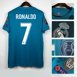 เสื้อกีฬาแขนสั้น ลายทีมชาติฟุตบอล Royal Madrid Second Ronaldo 17-18 ชุดเยือน สีฟ้า สไตล์เรโทร