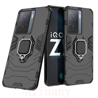 เคส iQOO Z7 5G ฮาร์ดเคสกันกระแทกเคสโทรศัพท์ Hybrid Armor Shockproof Ring Case iQOO Z7 5G Cover Stand