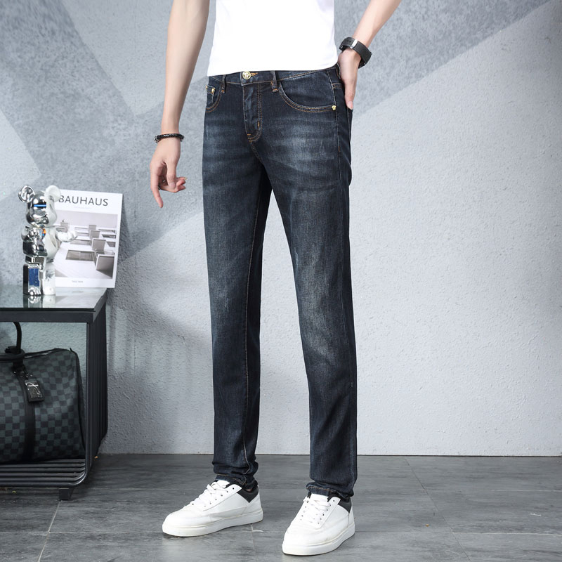 แฟชั่น-vintage-man-slim-fit-jeans-วินเทจสีเข้มยืดผ้าบาง-ๆ-แบรนด์ออกแบบกางเกงยีนส์ผู้ชาย