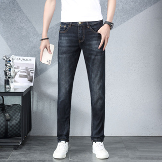 แฟชั่น Vintage Man Slim Fit Jeans วินเทจสีเข้มยืดผ้าบาง ๆ แบรนด์ออกแบบกางเกงยีนส์ผู้ชาย