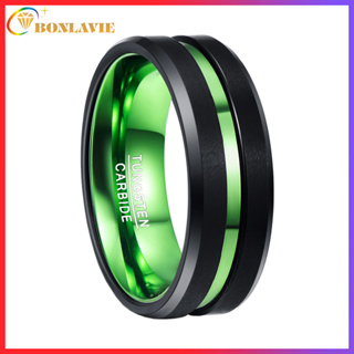 【แกะสลักฟรี】BONLAVIE แหวนทังสเตนคาร์ไบด์ เนื้อแมตต์ สีเขียว และสีดํา 8 มม. สําหรับผู้ชาย