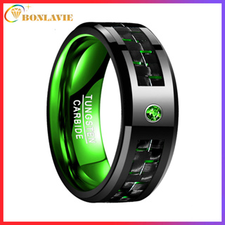 【ฟรีแกะสลัก】BONLAVIE แหวนทังสเตนคาร์ไบด์ คาร์บอนไฟเบอร์ สีเขียว 8 มม. ใส่สบาย สําหรับผู้ชาย ไซซ์ 7 ถึง 12