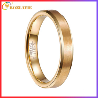 【ฟรีแกะสลัก】BONLAVIE แหวนทังสเตนคาร์ไบด์ ชุบทอง 18K เนื้อแมตต์ 4 มม. ใส่สบาย สําหรับผู้ชาย ผู้หญิง ไซซ์ 5-10