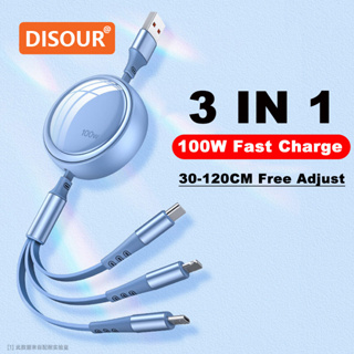 Disour สายชาร์จเร็ว 100W 3 In 1 6A ปรับได้ แบบพกพา สําหรับ Type-C Micro IOS 30-120 ซม.