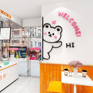Ins Style สติกเกอร์อะคริลิค ลายการ์ตูนหมี welcome Slogan Hi มีกาวในตัว สําหรับติดตกแต่งผนังบ้าน โต๊ะ ร้านชานม