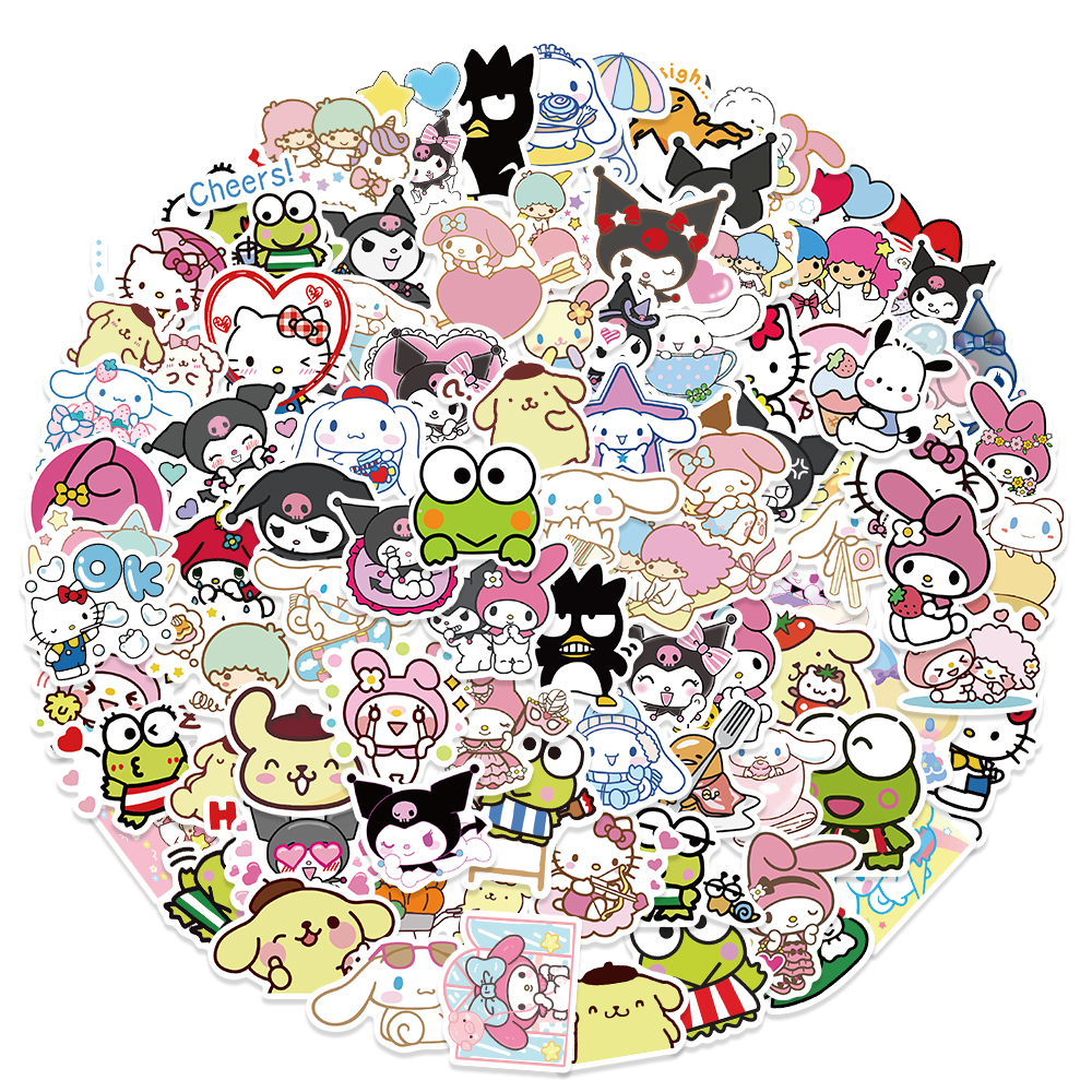 sanrio-สติกเกอร์-ลายการ์ตูน-hello-kitty-cinnamoroll-kuromi-my-melody-กันน้ํา-คละแบบ-สําหรับติดตกแต่งของเล่นเด็ก-100-ชิ้น
