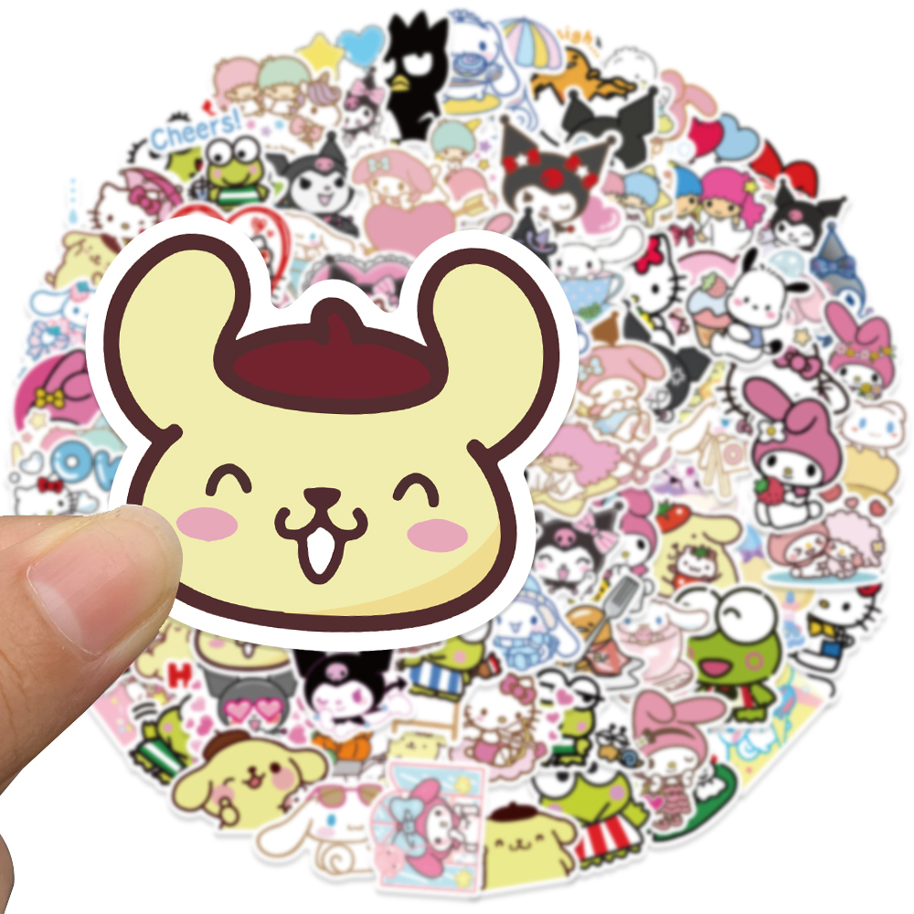 sanrio-สติกเกอร์-ลายการ์ตูน-hello-kitty-cinnamoroll-kuromi-my-melody-กันน้ํา-คละแบบ-สําหรับติดตกแต่งของเล่นเด็ก-100-ชิ้น