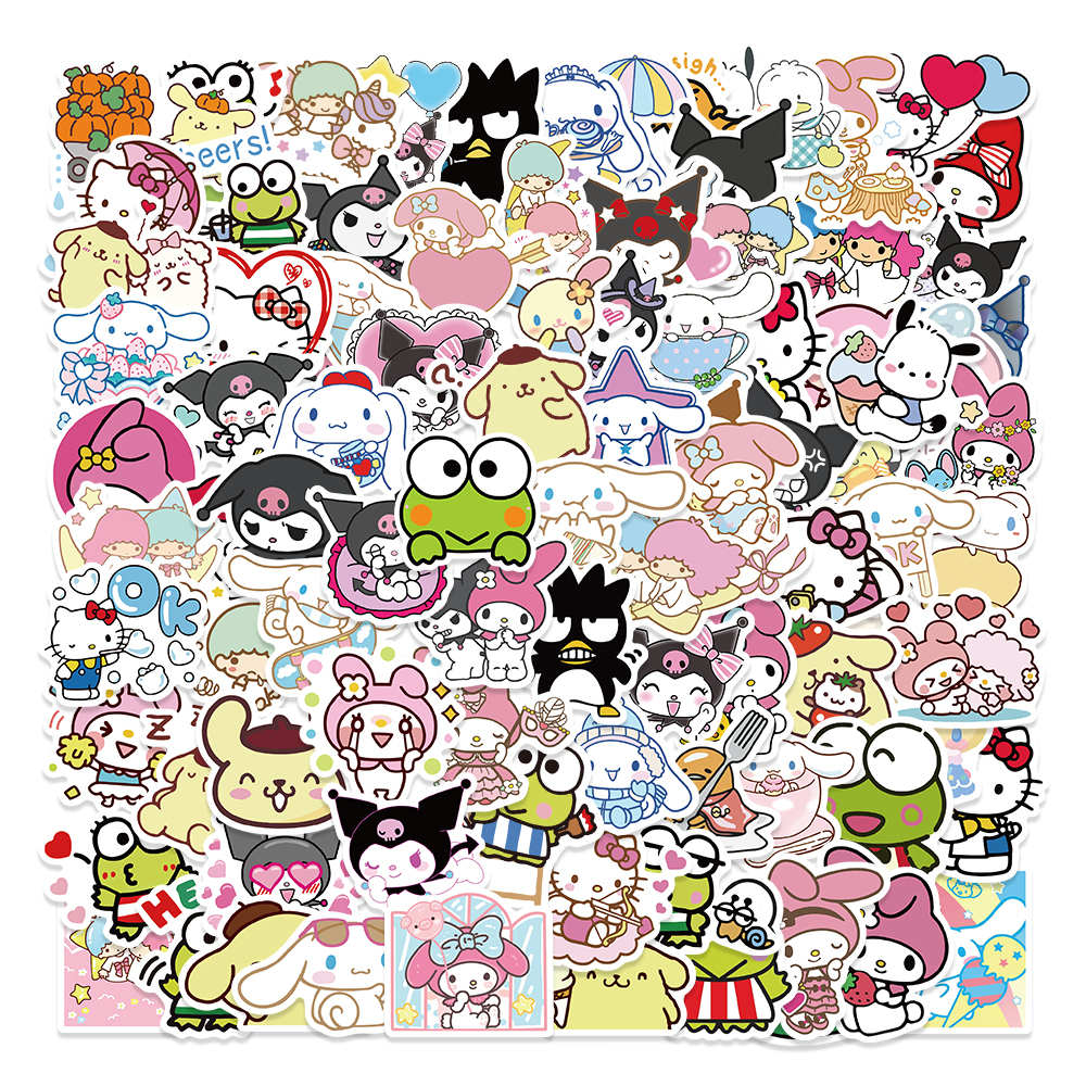 sanrio-สติกเกอร์-ลายการ์ตูน-hello-kitty-cinnamoroll-kuromi-my-melody-กันน้ํา-คละแบบ-สําหรับติดตกแต่งของเล่นเด็ก-100-ชิ้น