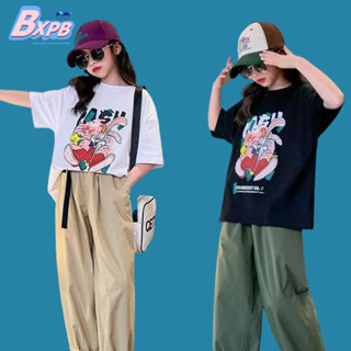Bxpb เสื้อยืดแขนสั้นลําลอง ผ้าฝ้าย พิมพ์ลายการ์ตูน สไตล์เกาหลี แฟชั่นฤดูร้อน สําหรับเด็กผู้หญิง 100-170