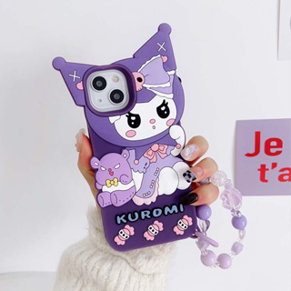 เคสโทรศัพท์มือถือ ซิลิโคนนิ่ม กันกระแทก ลาย Kuromi 3D สีม่วง พร้อมสายโซ่คล้อง หรูหรา สําหรับ IPhone 14PROMAX 11 12PROMAX 11PROMAX 12 12PRO 13 13PRO 13PROMAX 14 14PRO