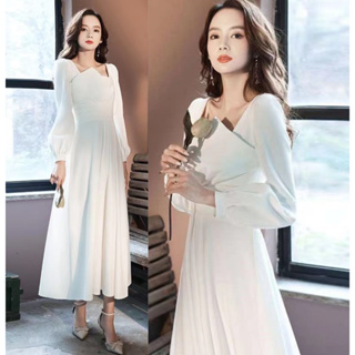 Best Dress พร้อมส่งจากไทย ชุดเดรสแต่งงาน แขนยาว สไตล์เกาหลี สวยหรู ดูดี ผ้าหนา ใบไม้สีขาว
