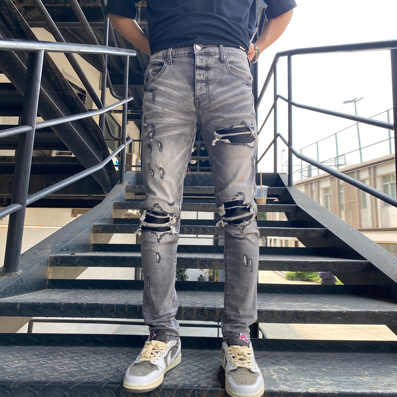 amiri-แฟชั่นใหม่ผู้ชายสีดำสีเทากางเกงยีนส์ล้างน้ำ-nostalgia-พรุนแพทช์-high-street-trend-hip-hop-แบรนด์กางเกงยีนส์คุณภาพสูง