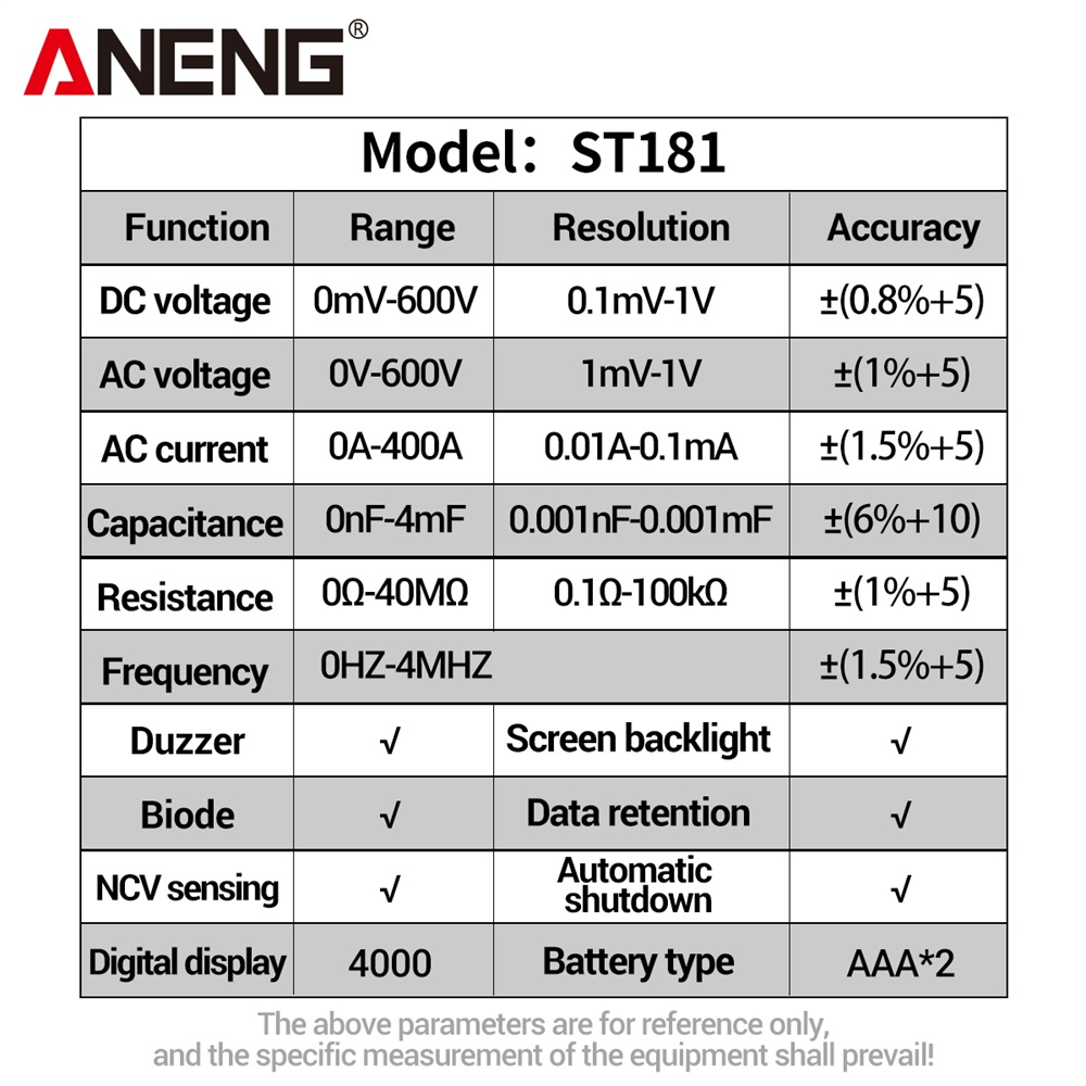 aneng-st181-แคลมป์มิเตอร์ดิจิทัล-dc-ac-กระแสไฟ-4000-ครั้ง-มัลติมิเตอร์-แอมมิเตอร์-ทดสอบแรงดันไฟฟ้า-แอมป์รถยนต์-hz-ประจุกระแสไฟ-ทดสอบ-ncv-โอห์ม