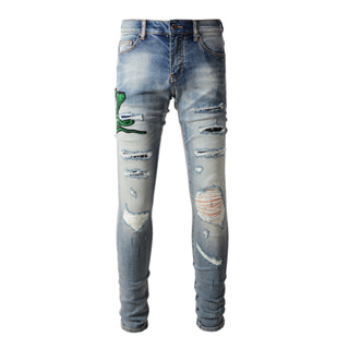 TRENDAMIRI High Street Fashion Man Jeans กางเกงยีนส์สีน้ำเงินสลิมฟิตงูเห่าเย็บปักถักร้อยพิมพ์กางเกงยีนส์เทรนด์ของผู้ชาย