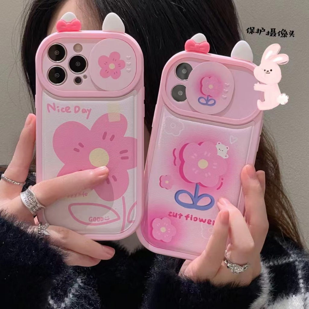 เคสโทรศัพท์มือถือ-tpu-แบบนิ่ม-ลายดอกไม้-สีชมพู-มีสไลด์กรอบรูป-สําหรับ-iphone-14-14promax-14pro-11-12-12pro-12promax-13-13pro-13promax