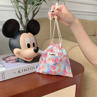 กระเป๋าเครื่องสําอาง กระเป๋าหูรูด ขนาดเล็ก แบบพกพา ลายดอกไม้ สไตล์ญี่ปุ่น