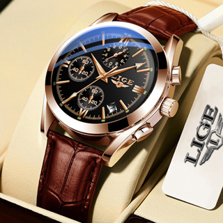 สินค้า LIGEนาฬิกาผู้ชายสายหนังที่สะดวกสบายน้ำซึมผ่านนาฬิกาข้อมือ + กล่อง