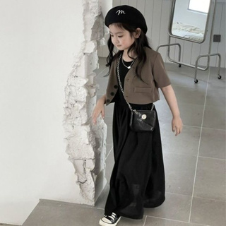 【ชุดเซ็ทเด็กผู้หญิง】สาวเกาหลีรุ่น Hepburn ลมยาวสีดำขนาดเล็กกระโปรง 2023 ฤดูร้อนเด็กสูทเสื้อกั๊กชุดกระโปรงยาว