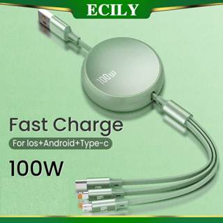 Ecily 3in1 2in1 สายชาร์จ USB Type C 6A 100W 3in1 ยืดหดได้ พกพาง่าย สําหรับ Huawei Honor Samsung