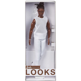 Barbie Signature Looks Ken Doll (Brunette with Braids &amp; Bun Hairstyle) Fully Posable Fashion Doll Wearing White Shirt &amp; Pants GXL14 ตุ๊กตาบาร์บี้ Signature Looks Ken Doll (Brunette with Braids &amp; Bun Hairstyle) เสื้อเชิ้ต และกางเกง สีขาว แฟชั่น GXL14