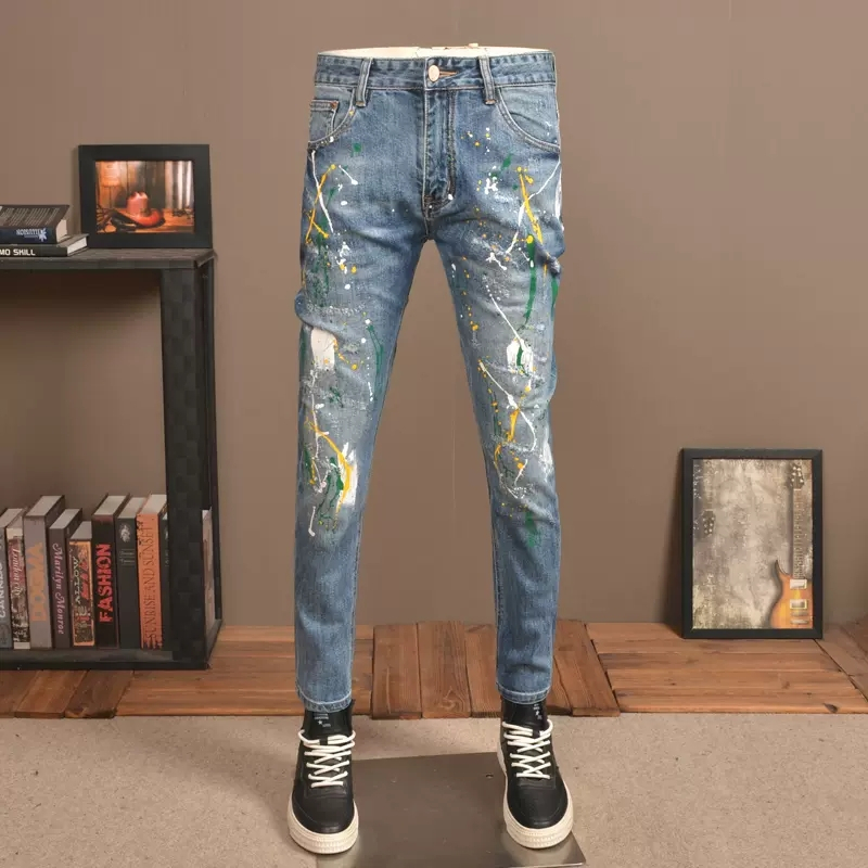 high-street-แฟชั่นผู้ชายกางเกงยีนส์วินเทจสีฟ้าจิตรกรรมออกแบบยืดผอมผู้ชายยืดกางเกงยีนส์ฮิปฮอป