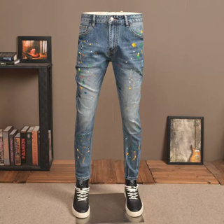 กางเกงยีนส์สตรีทแฟชั่นของผู้ชาย Vintage Blue Elastic Skinny Jeans จิตรกรรมออกแบบกางเกงฮิปฮอปยืด