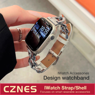 สายนาฬิกาข้อมือ สายหนัง และโลหะ ขนาด 45 มม. 41 มม. สําหรับ Iwatch SE S9 S8 S6 S7