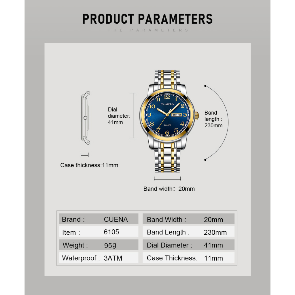 cuena-ของแท้-นาฬิกาข้อมือควอตซ์แฟชั่น-สายแสตนเลส-กันน้ํา-สไตล์ธุรกิจ-สําหรับผู้ชาย-6105