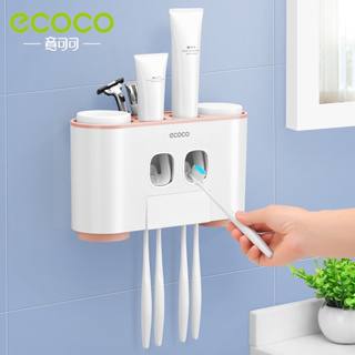 Ecoco ที่บีบยาสีฟัน ที่ใส่แปรงสีฟัน พร้อมถ้วย 4 ชิ้น ติดผนังห้องน้ํา ครัวเรือน ที่ใส่แปรงสีฟัน มีกาวในตัว ไม่ต้องเจาะรู ติดตั้ง
