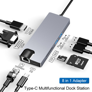 8-in-1 อะแดปเตอร์ฮับ USB C Type C เป็น HDMI VGA เป็น USB 3.0 TF PD การ์ดรีดเดอร์อีเธอร์เน็ต Micro SD