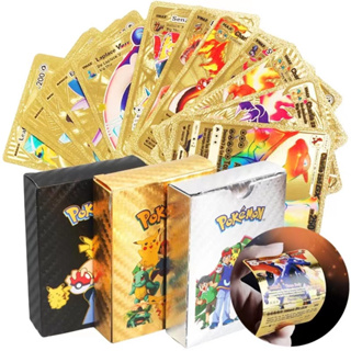 55 ชิ้น การ์ดโปเกม่อน Pikachu Charizard โลหะ ภาษาอังกฤษ Pokemon Trading สีทอง Card ของขวัญของเล่นเด็ก