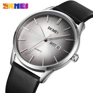 Skmei นาฬิกาข้อมือควอตซ์แฟชั่น สายหนัง สีดํา หน้าปัดอัลลอย แสดงวันที่ สัปดาห์ ไม่มีตัวเลข สไตล์นักธุรกิจ สําหรับบุรุษ