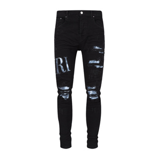 Amiri High Street Fashion Men Jeans Buttons Fly Black Elastic Stretch Skinny Ripped Jeans Brand Patches Designer Hip Hop Brand Pants