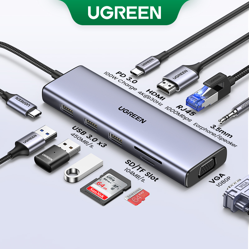UGREEN 【อัพเกรดเวอร์ชั่น】ฮับสีเขียว 10-in-1 อะแดปเตอร์ฮับ USB C HDMI VGA 4k 30Hz USB C เป็น USB 3.0 100W ชาร์จเร็ว สําหรับ Macbook Pro รองรับการ์ด SD TF และพอร์ต RJ45 1000Mbps