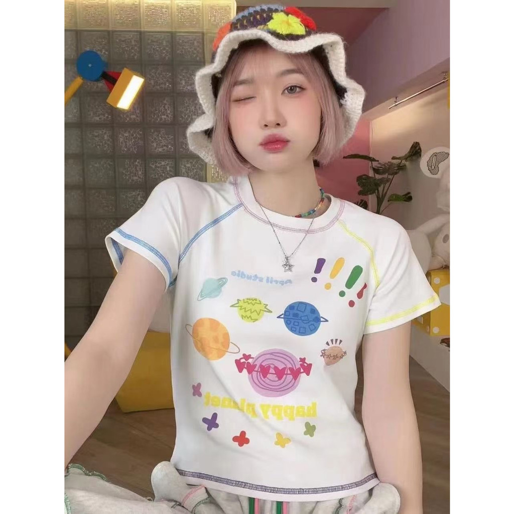 love flower เสื้อยืดแขนสั้น พิมพ์ลายการ์ตูน Brightline สีคอนทราสต์