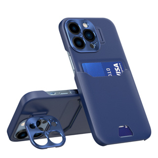 เคสโทรศัพท์มือถือ พลาสติกแข็ง พร้อมช่องใส่บัตร ขาตั้งกล้อง โลหะ สําหรับ iPhone 12 13 14 Pro Max