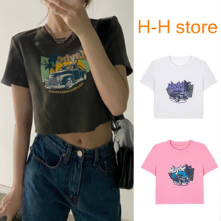 【H-Hstore】เสื้อครอปแขนสั้น ทรงหลวม พิมพ์ลาย สไตล์เกาหลี，เสื้อครอป
