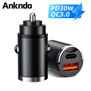 Ankndo อะแดปเตอร์ชาร์จในรถยนต์ 30W USB Type C PD30W + QC3.0 พอร์ตคู่ 12V-24V แบบโลหะ ชาร์จเร็ว