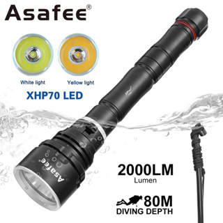 Asafee ไฟฉายดําน้ํา XHP70 18650 แบตเตอรี่ 26650 3000LM 80 ม. สว่างมาก สีขาว เหลือง สําหรับดําน้ําลึก