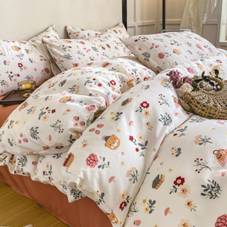 4 IN 1 ชุดเครื่องนอน ผ้าปูที่นอน ปลอกหมอน ผ้าฝ้าย ผ้าลินิน พิมพ์ลายดอกไม้ สีม่วง โรแมนติก สําหรับเด็กผู้หญิง ควีนไซซ์ คิงไซซ์
