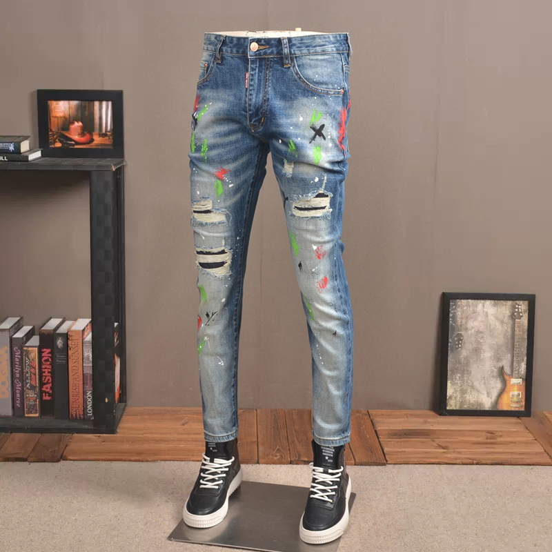แฟชั่นใหม่ผู้ชายวินเทจสีฟ้าจิตรกรรม-street-trend-ฮิปฮอปยืดกางเกงยีนส์ผอมบาง