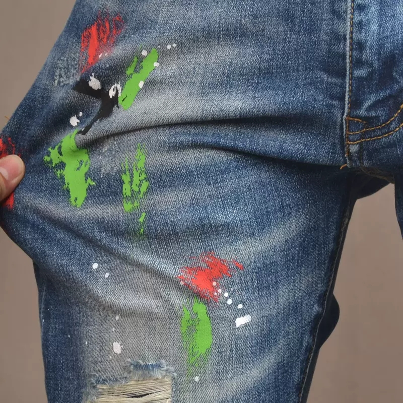 แฟชั่นใหม่ผู้ชายวินเทจสีฟ้าจิตรกรรม-street-trend-ฮิปฮอปยืดกางเกงยีนส์ผอมบาง