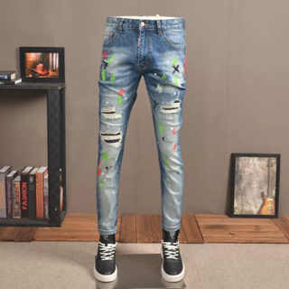 แฟชั่นใหม่ผู้ชายวินเทจสีฟ้าจิตรกรรม Street Trend ฮิปฮอปยืดกางเกงยีนส์ผอมบาง